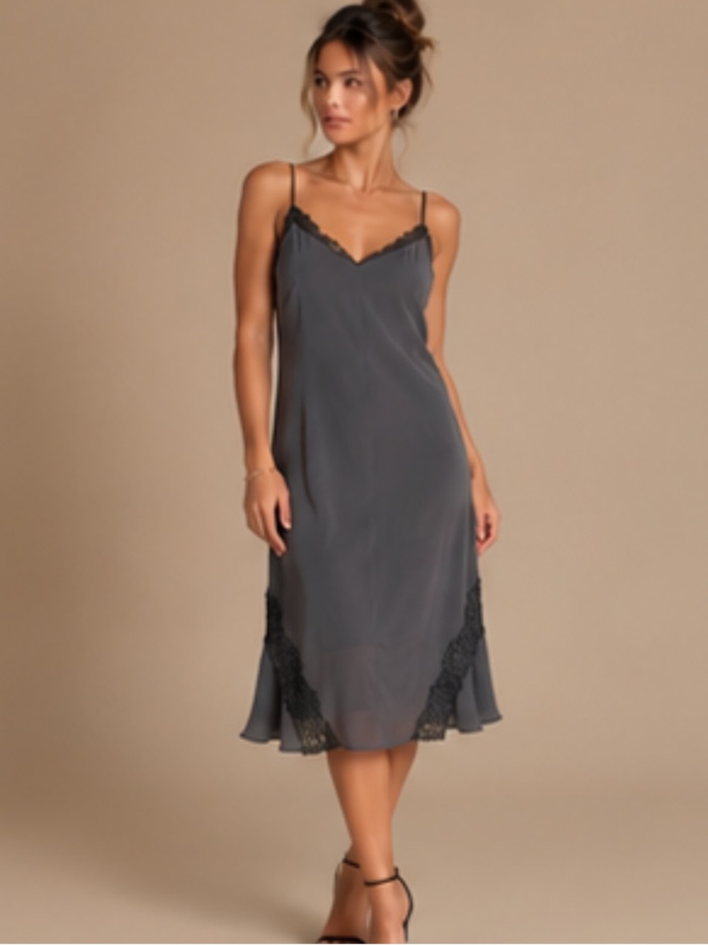 Banana Republic Charcoal Lace-Trim Maxi Slip Skirt
